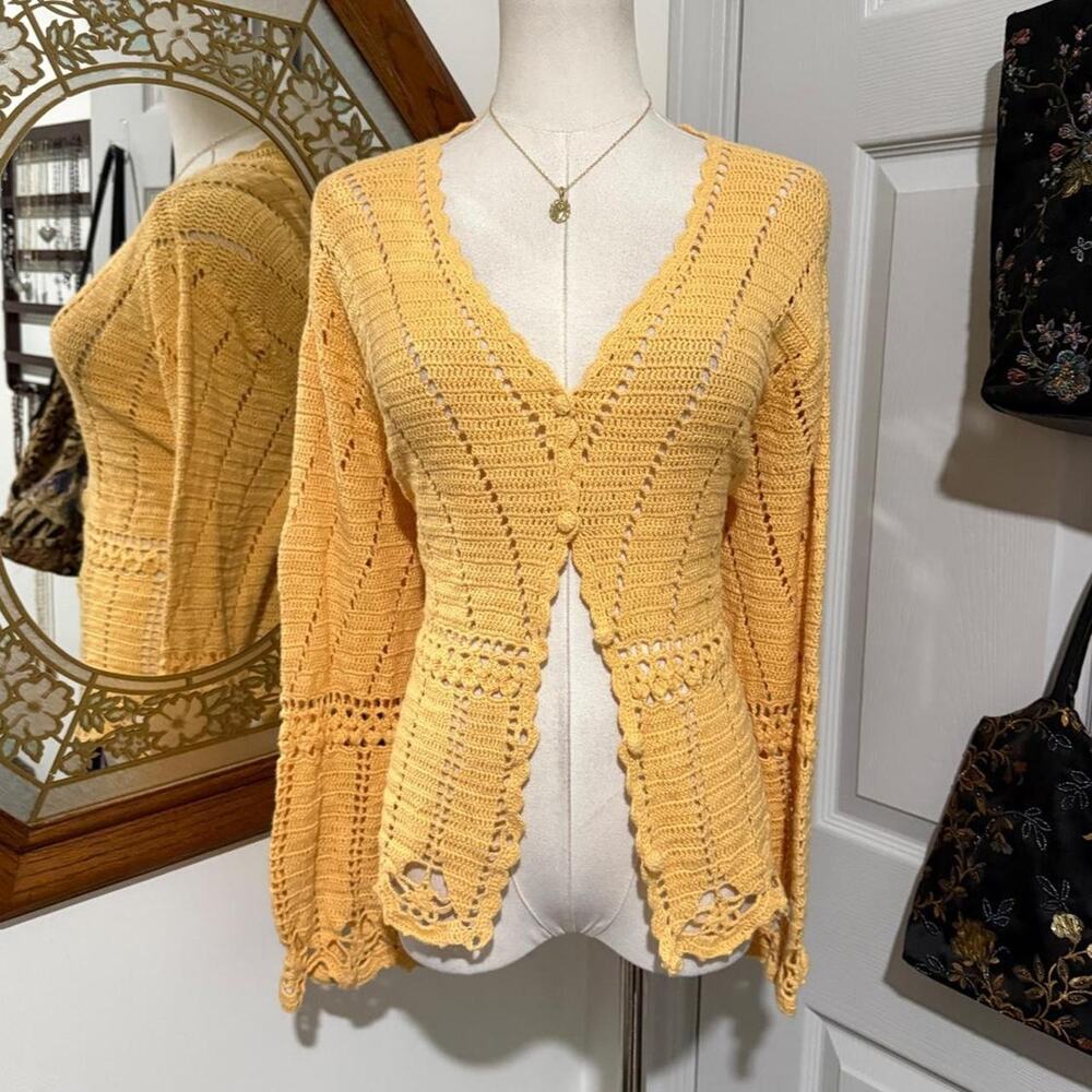 VTG Y2K Chelsea Studio Sunny Yellow Open Knit Crochet Long Sleeve Cardigan Top